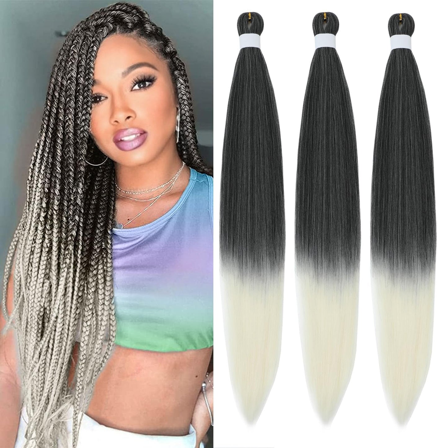 Braiding Hair Pre Stretched for Women Hair Extensions Box Braids Soft Synthetic Knotless Yaki Texture Hot Water Setting Braid Black 613 (24inch 3Packs)