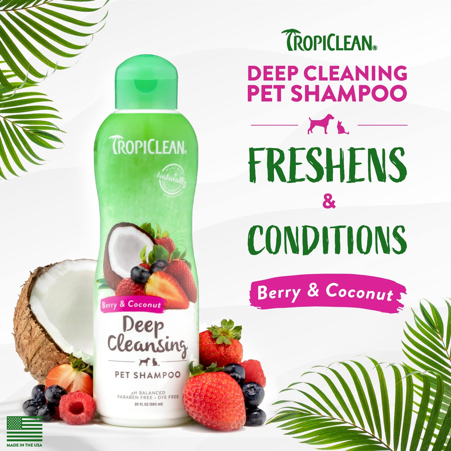 TropiClean Berry & Coconut Deep Cleansing Dog Shampoo | Deodorizing Dog Shampoo | Natural Pet Shampoo Derived from Natural Ingredients | Cat Friendly | Made in the USA | 20 oz.