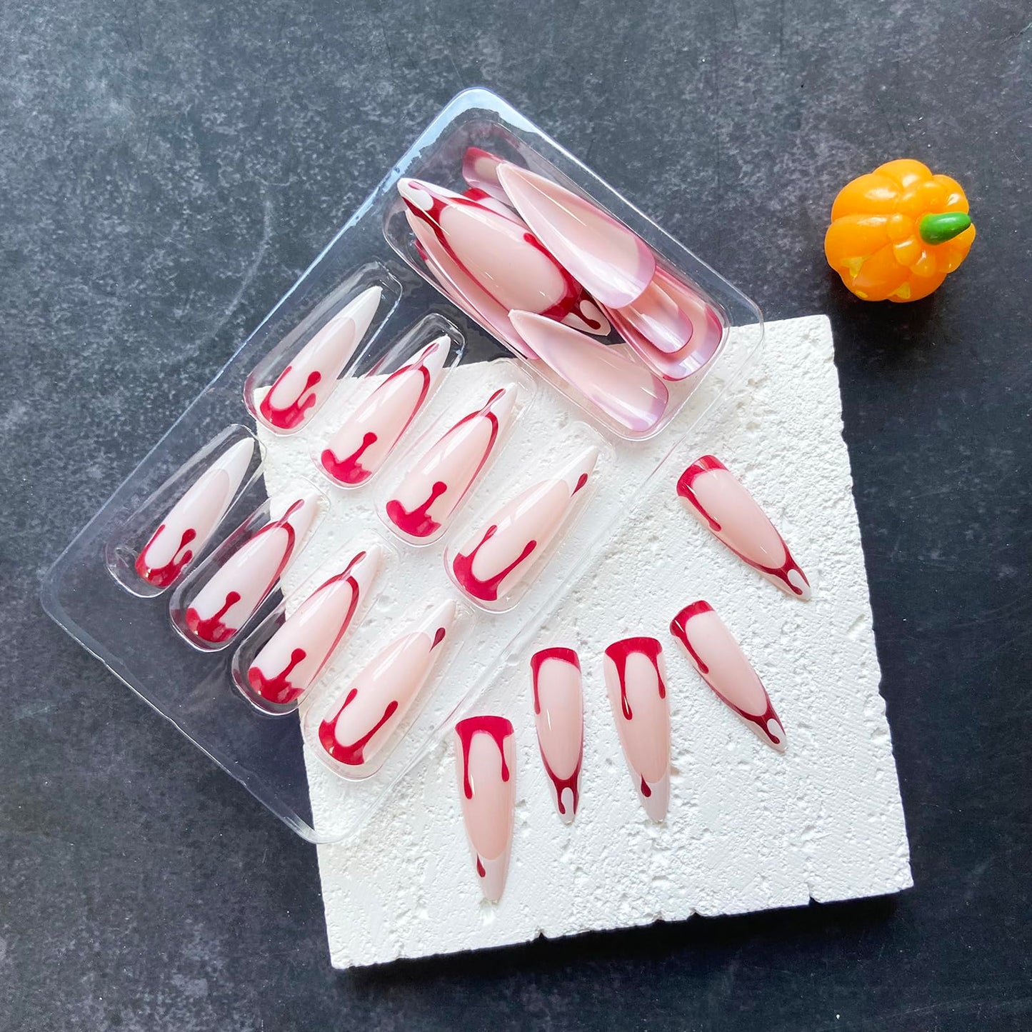 Long Press on Nails Halloween Fake Nails Almond False Nails with Red Blood Designs French Tip Press on Nails Full Cover Glossy Stick on Nails White Nail Tip Halloween Glue on Nails for Women Girls