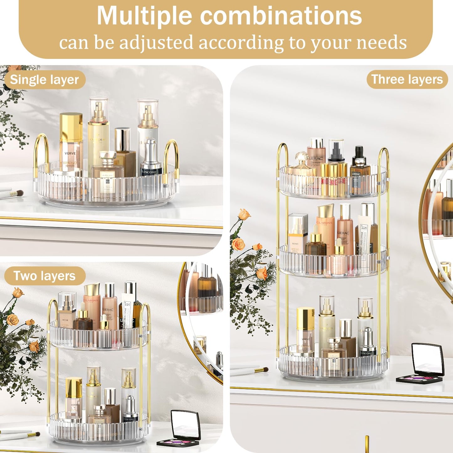 MOKANI 360 Rotating Makeup Organizer for Vanity, 3 Tier Adjustable Perfume Organizer for Dresser, Multi-Function Spinning Cosmetics Skincare Organizer for Bedroom, Dresser, Countertop, Clear