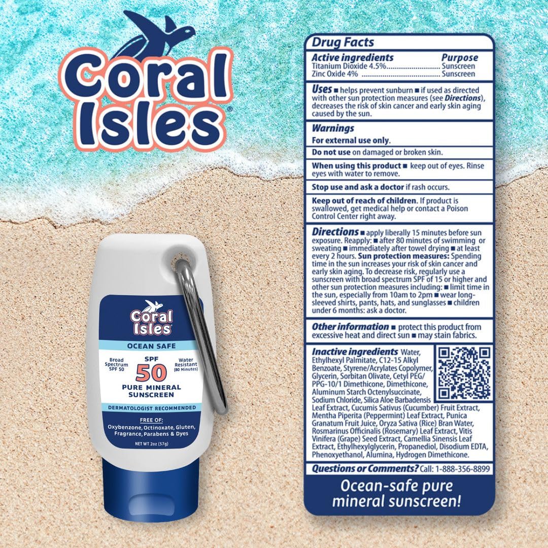 Coral Isles Reef Safe Sunscreen, SPF 50 Mineral Sunscreen, Broad Spectrum UVA/UVB, Fragrance Free, Water & Sweat Resistant, Zinc Oxide Sunscreen for Sensitive Skin, 2 FL Oz Bottle (Pack of 2)