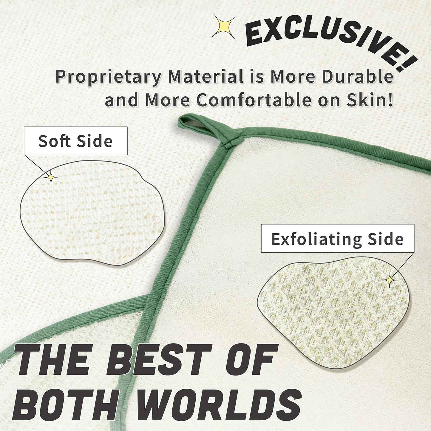 myHomeBody Dual-Textured Exfoliating Washcloth with Soft and Scrubbing Side, Body Exfoliation Scrubber for Bath, Shower, White with Green Edge, Set of 5