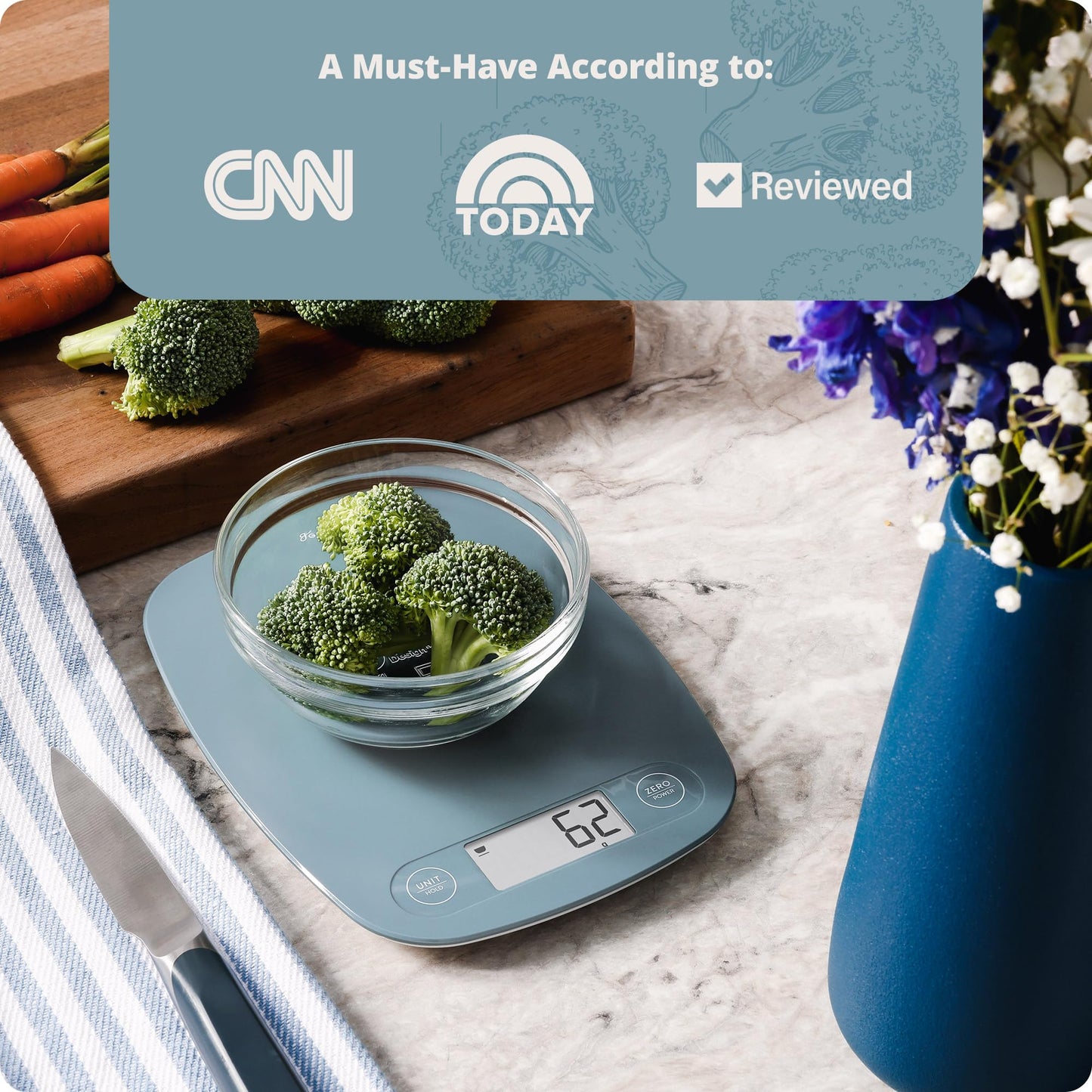 Greater Goods Digital Kitchen Scale - Cooking, Baking, Meal and Food Prep Scale, Weighs in Grams, Pounds and Ounces, Stone Blue