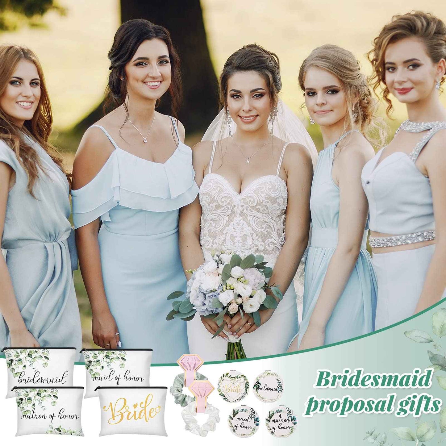 24 Pieces Bridesmaid Proposal Gifts Wedding Makeup Bag Gift Set Includes 8 Bridesmaid Makeup Bags 8 Satin Hair Scrunchies 8 Bridesmaid Compact Mirrors(Green Leaves)