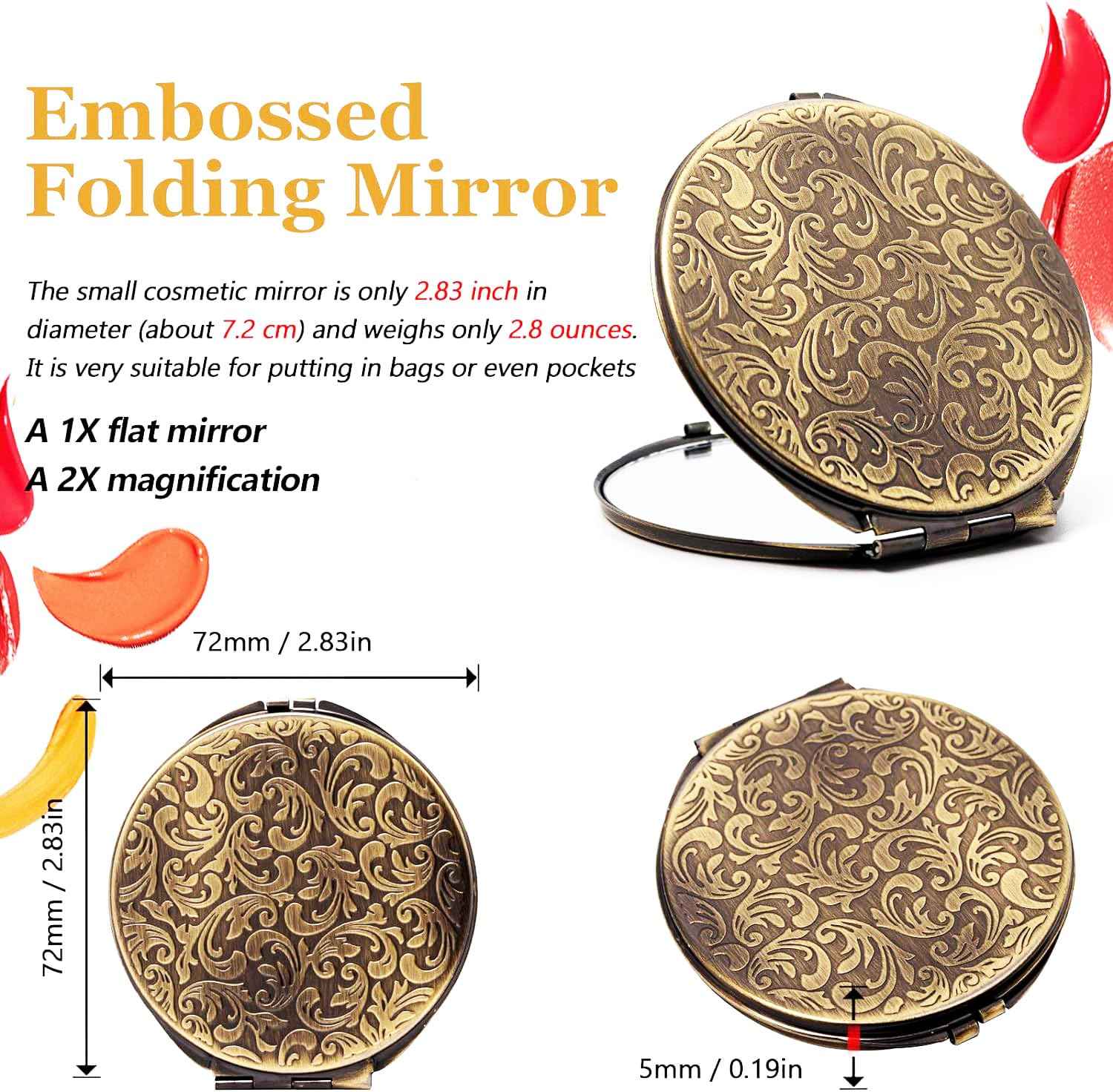 Retro metal compact travel mirror 1x/2x magnification compact portable foldable, used as a compact magnifying glass for wallets and pockets, distortion free folding portable compact mirror (bronze)
