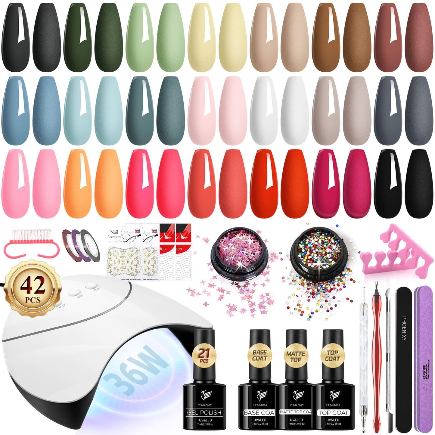 PHOENIXY Gel Nail Polish Set - 42Pcs Gel Nail Polish Kit with U V Light 21 Colors Gel Nail Kit Matte Gel Top Coat Nail Art Tools Nail Polish Set Gifts for Women