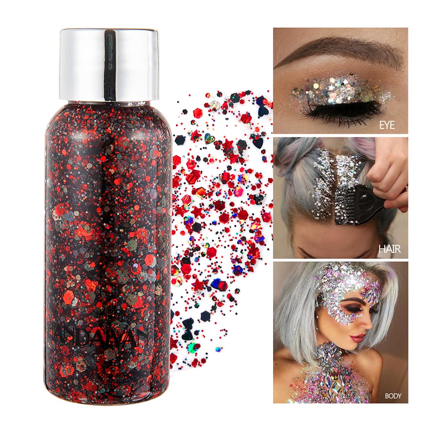 GL-Turelifes Mermaid Sequins Chunky Glitter Liquid Eyeshadow Glitter Body Gel Festival Glitter Cosmetic Face Hair Nails Makeup Sparkling 30g (#08 Red)