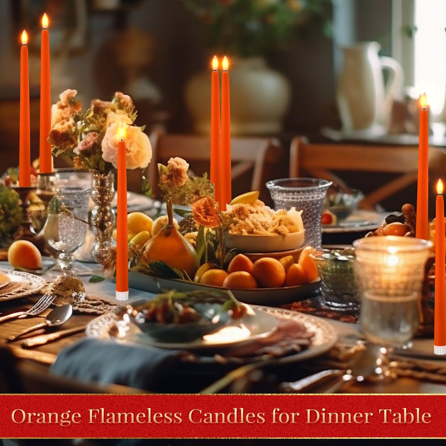 Macarrie 24 Packs Flameless Taper Candles Battery Operated 11 Inch Long Candle Light LED Flameless Candlesticks Fake Candles Flickering Tapered Candles for Wedding, Christmas(Orange)