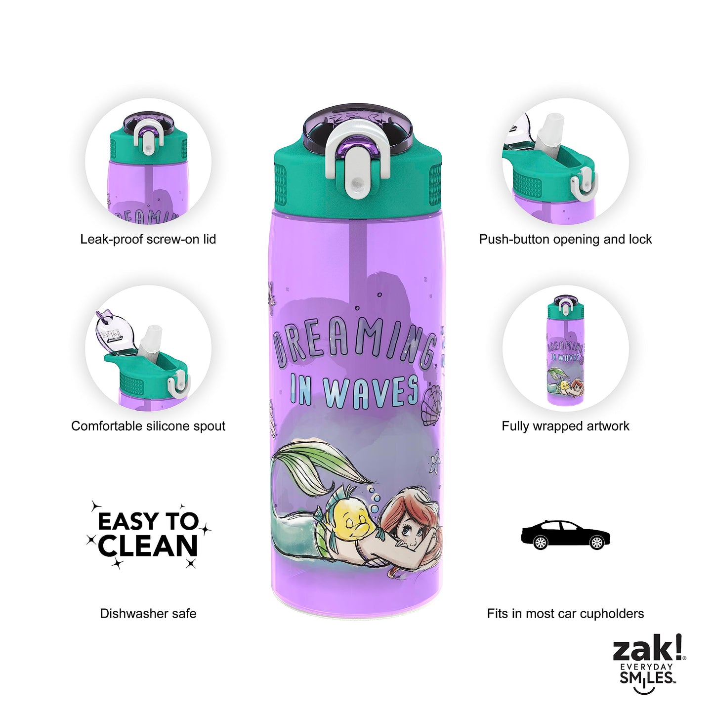 Zak Designs Disney Princess Kids Water Bottle For School or Travel, 25 oz Durable Plastic Water Bottle With Straw, Handle, and Leak-Proof, Pop-Up Spout Cover (Ariel, Moana)