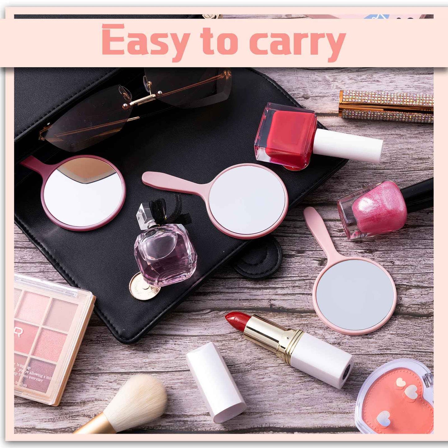 Vinsot 100 Pcs Handheld Mirror Bulk Small Hand Compact Mirrors with Handle Plastic Travel Makeup Portable 3.94 x 2.16 Inch for Birthday Dress up Wedding Practice Pronunciation (Pink)