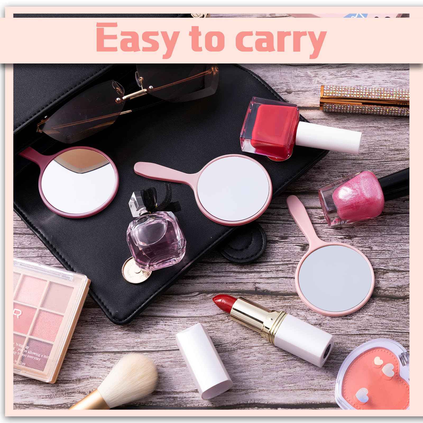 Vinsot 100 Pcs Handheld Mirror Bulk Small Hand Compact Mirrors with Handle Plastic Travel Makeup Portable 3.94 x 2.16 Inch for Birthday Dress up Wedding Practice Pronunciation (Pink)