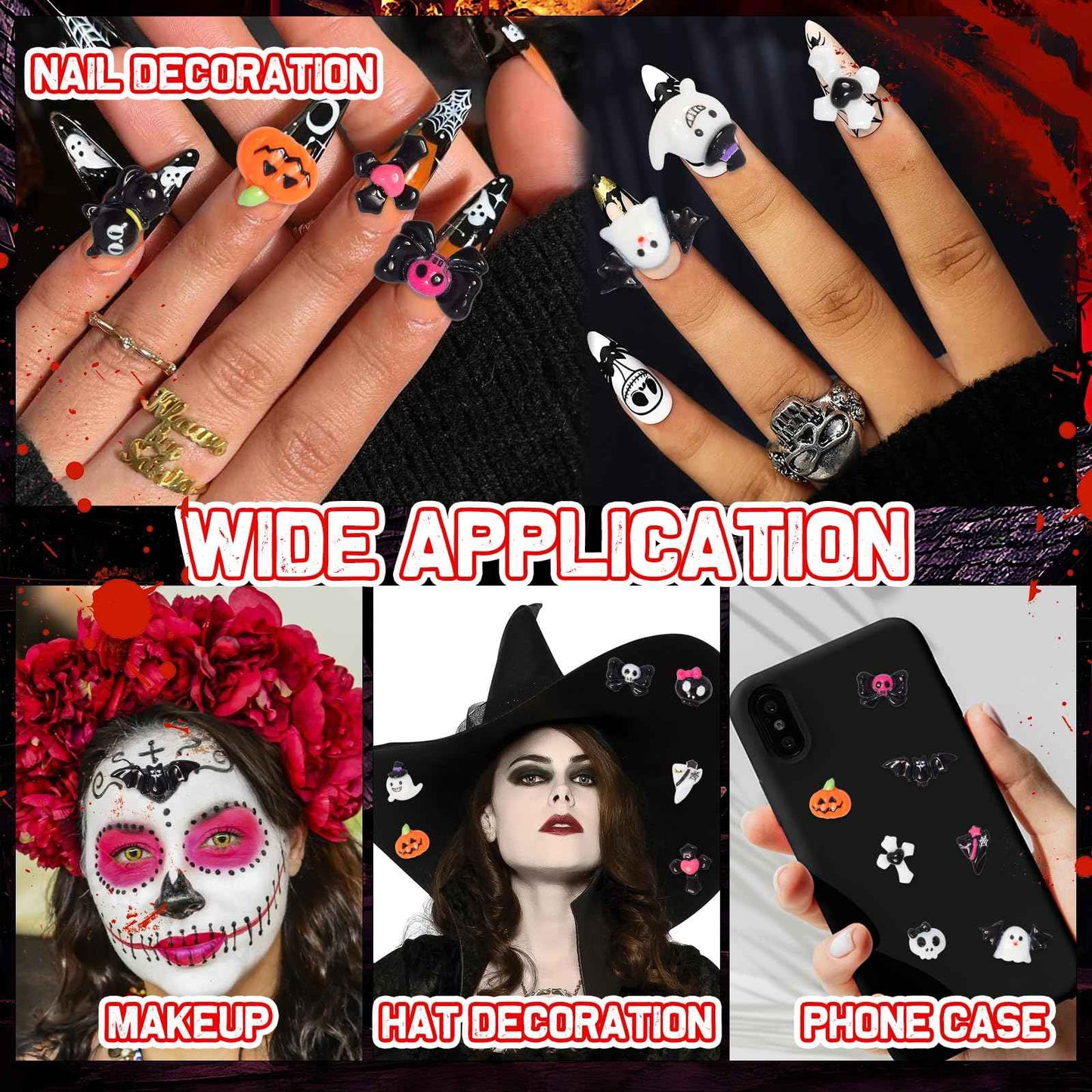 Halloween Resin Charms, 3D Vintage Punk Spider Skull Pumpkin Ghost Bat Nail Art Charms, Halloween Gothic Mini Figurines Charm for Nail Art Supplies DIY Crafts Accessories