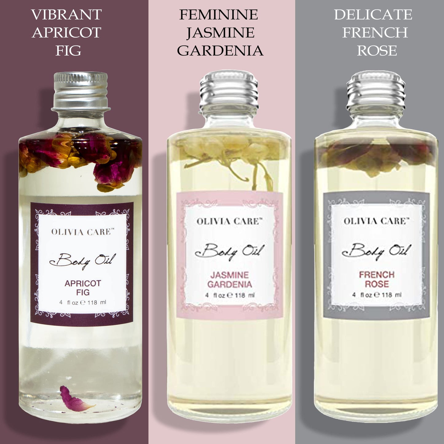 Olivia Care 3 Pack Body Oils: Apricot Fig, French Rose, Jasmine Gardenia - Natural Perfume Oils For Women & After Bath Oils Body Moisturizers, Rich in Vitamin E, K, & Omega (3 Scents)