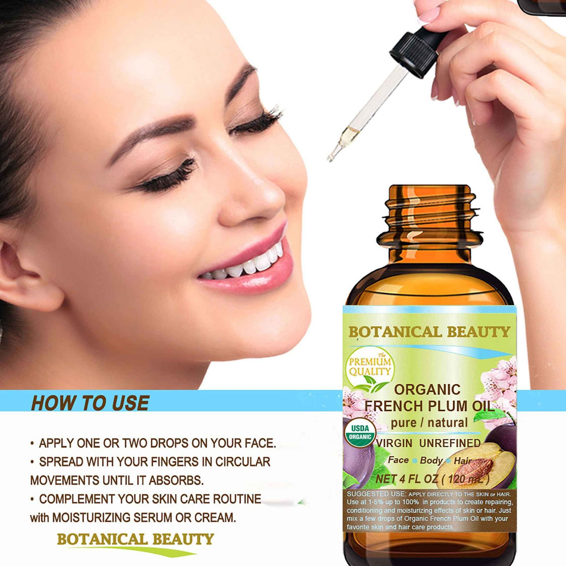 Botanical Beauty Organic French PLUM OIL 100% Pure Natural VIRGIN UNREFINED Cold-Pressed Carrier Oil for Face, Skin, Body, Hair, Lip, Nails. Rich in Vitamin E, Omega 6, Omega 9 (1 Fl Oz)
