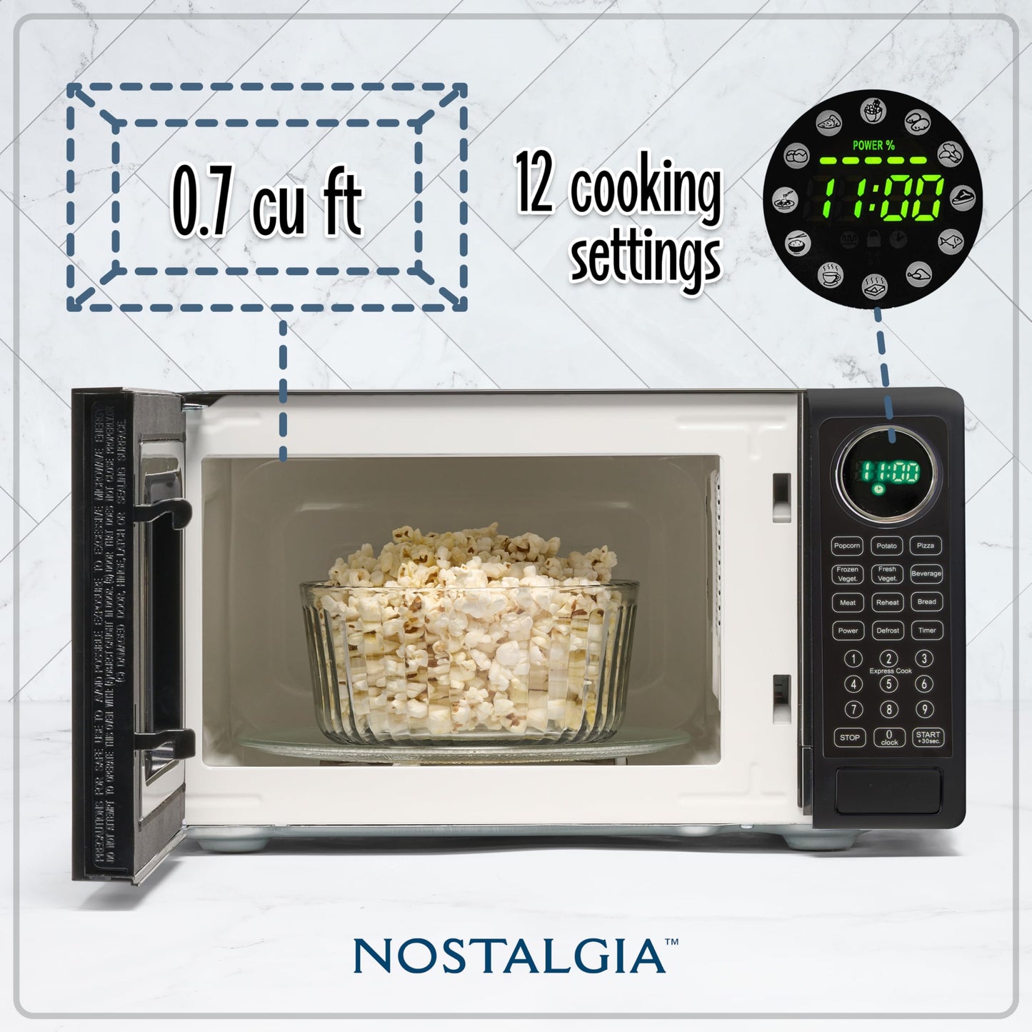 Nostalgia Modern Retro Countertop Microwave Oven - 700-Watt - 0.7 cu ft - Retro Microwave and Accessory Bundle with Popcorn Popper, Egg Poacher / Omelet Cooker, and Divided Plate with Cover - Black