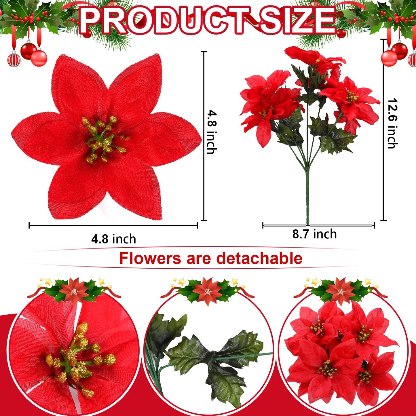 meekoo 48 Pcs Christmas Artificial Poinsettia Flowers 7 Heads Fake Flowers with Stem Poinsettia Christmas Tree Ornaments for Home Wedding Party Table Courtyard Outdoor Cemetery Decoration (Red)