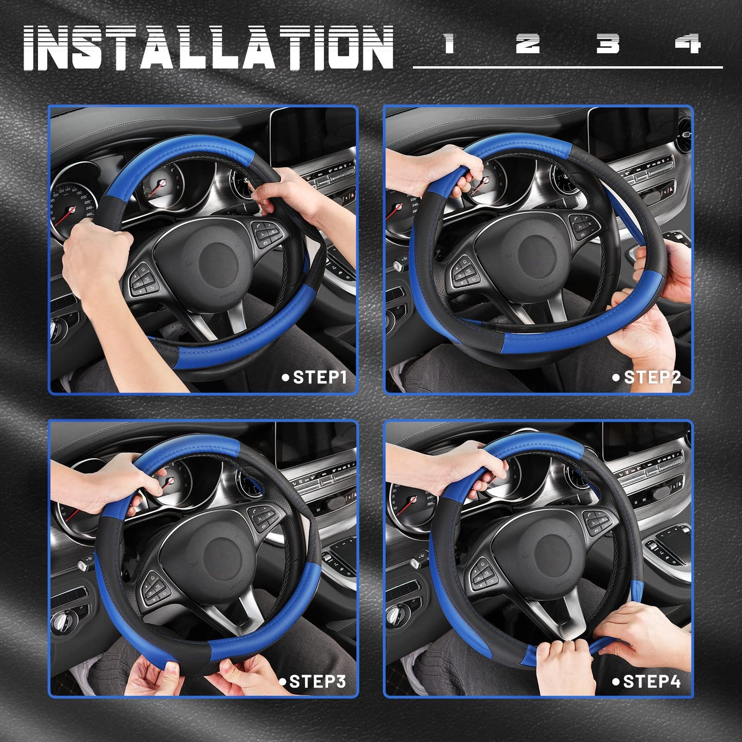 SEG Direct Car Steering Wheel Cover Universal Standard Size 14.5-15 inch, Black and Blue Microfiber Leather