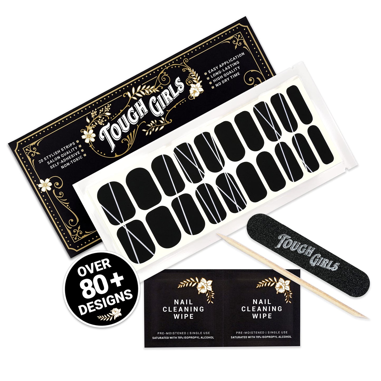 TOUGH GIRLS | 20 Exquisite Gel Nail Polish Strips w/Application Accessories - No UV/LED Lamp Required (Black Matte w/White Lines)