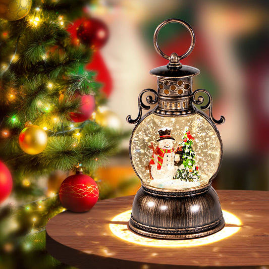 Christmas Snow Globes, Glittering Christmas Music Box Snowman Christmas Trees with 8 Songs & 6H Timer, USB Powered & Battery Operated Christmas Lanterns for Indoor Holiday Table Party Gifts