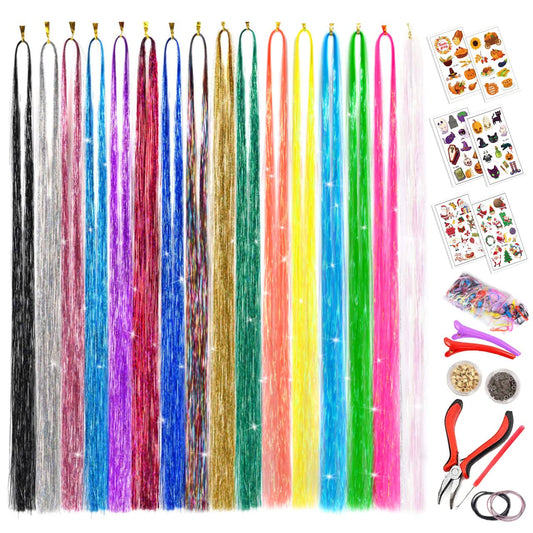 Hair Tinsel Kit, 16 Colors Tinsel Hair Extensions with Tools, Glitter Fairy Hair Tensile for Women Girls Halloween Cosplay Christmas New Year