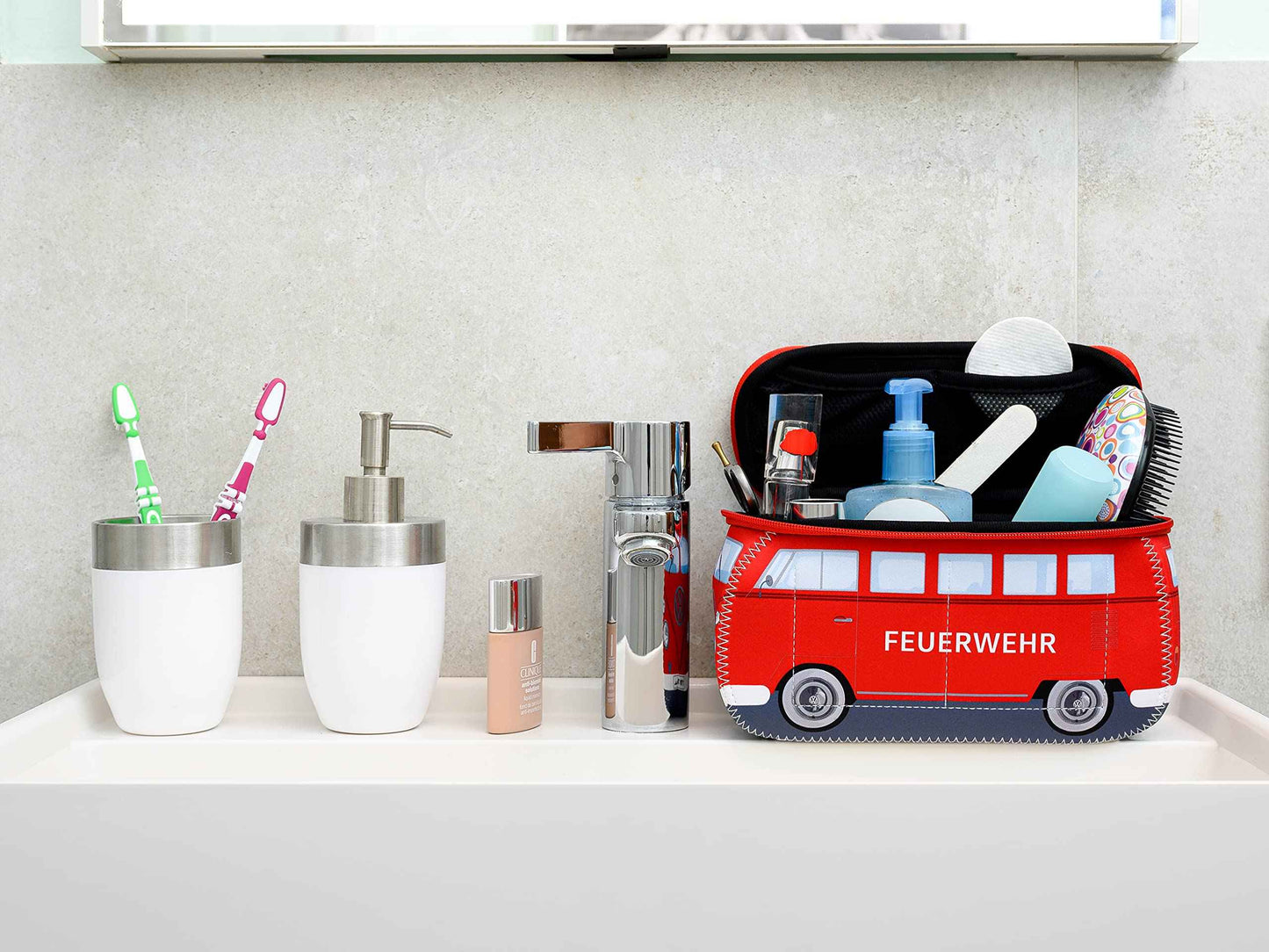 BRISA VW Collection - Volkswagen Neoprene Universal Makeup Cosmetics Toiletry Travel Pharmacy Bag in T1 Bus Design (Firetruck/Red) (Small (9.1 x 4.3 x 3.1 inches))