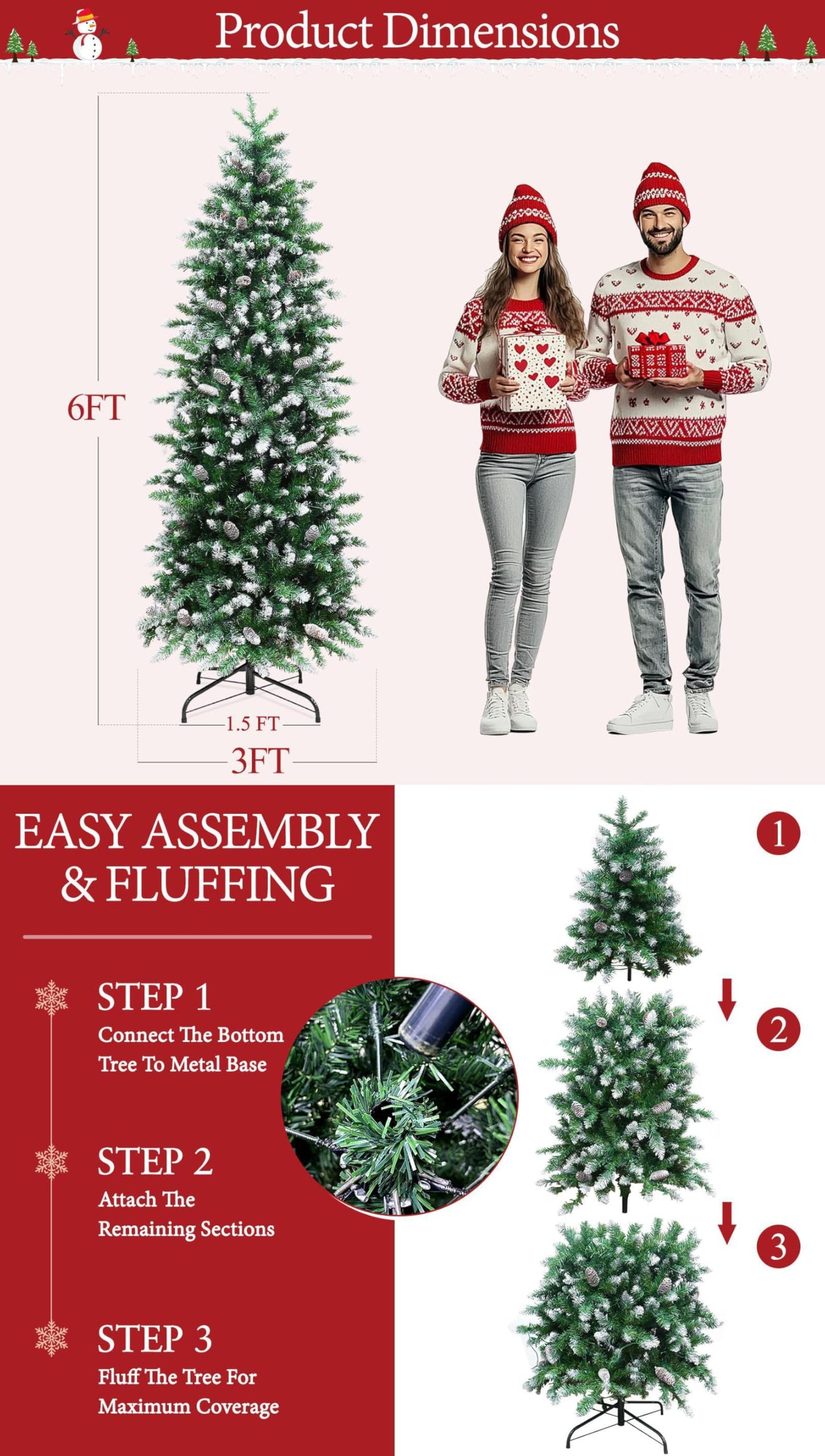 6 Ft Prelit Slim Fraser Fir Artificial Christmas Tree with UL 250 Warm White&Colorful Lights Timer 8 Mode,856 Lifelike PVC Branch Tips,36 Pinecone,Metal Stand &Hinged Branches,Skinny Pencil Xmas Tree