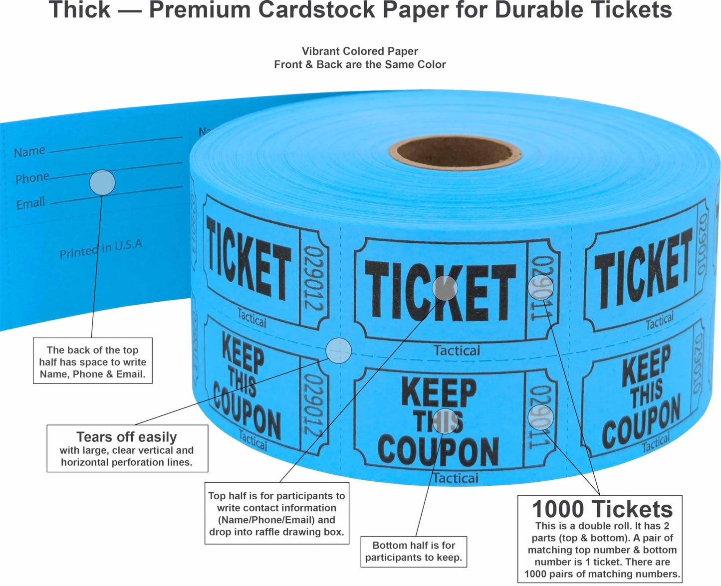 1000 Tacticai Raffle Tickets, Blue (8 Color Selection), Double Roll, Ticket for Events, Entry, Class Reward, Fundraiser & Prizes