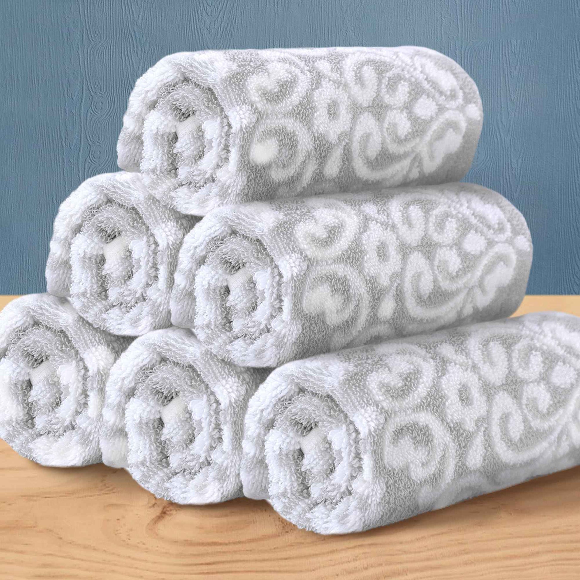 Gray Wash Cloths, Jacquard Washcloths 6 Pack 13"x13" - 100% Cotton | Quick Dry | Thick | Soft | Absorb, Luxury Face Towels for Bathroom & Showering, Jacquard Washcloth Set, Grey + White Damask Pattern
