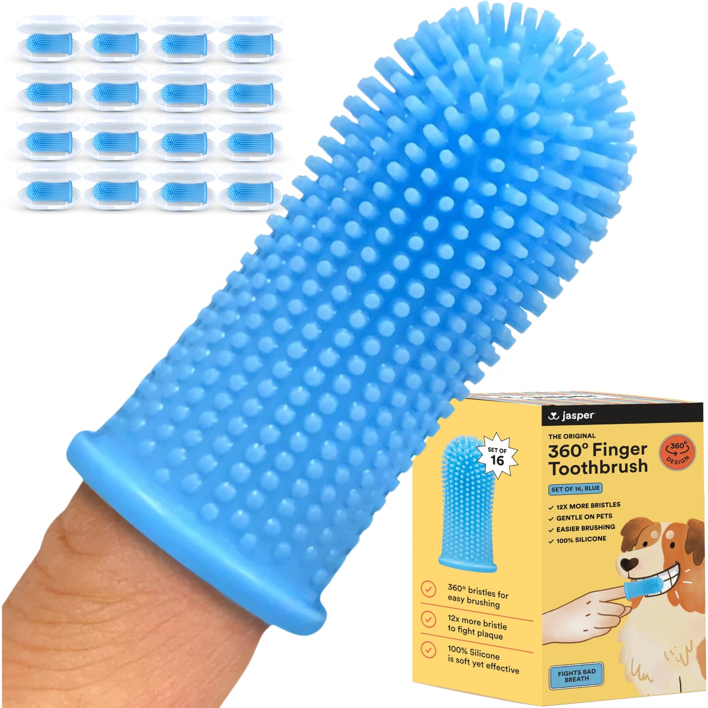 Jasper Dog Toothbrush, 360º Dog Tooth Brushing Kit, Cat Toothbrush, Dog Teeth Cleaning, Dog Finger Toothbrush, Dog Tooth Brush for Small & Large Pets, Dog Toothpaste Not Included, 16-Pack Blue