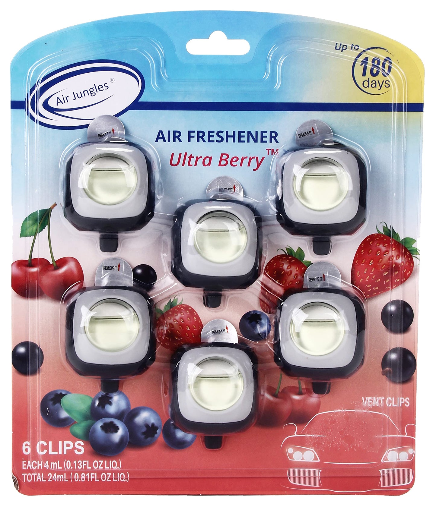 Air Jungles Ultra Berry Scent Car Air Freshener Clip, 6 Car Freshener Vent Clips, 4ml Each, Long Lasting Air Freshener for Car, Up to 180 Days Car Refresher Odor Eliminator