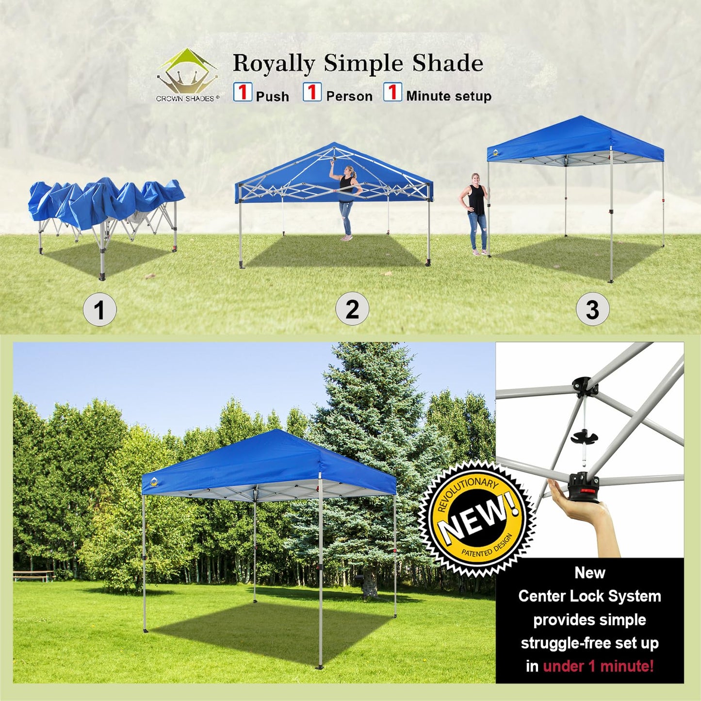 CROWN SHADES 8x8 Pop Up Canopy, Patented Center Lock One Push Instant Popup Outdoor Canopy Tent, Newly Designed Storage Bag, 8 Stakes, 4 Ropes, Blue