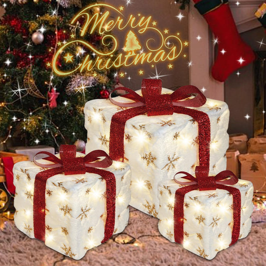 Christmas Lighted Gift Boxes, Set of 3 Outdoor Lighted Christmas Decorations LED Gift Boxes for Christmas Tree, Light up Present Boxes for Home Indoor Christmas Lighted Outdoor Display(White Plush)