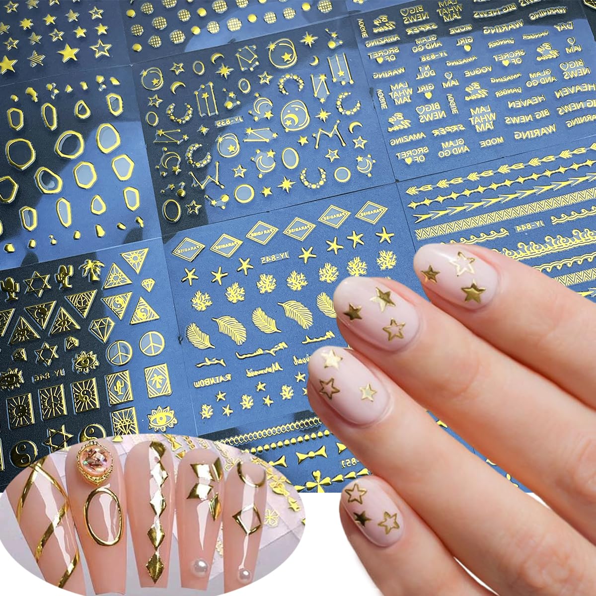 30 Sheets Gold Nail Stickers for Nail Art French Tip Line Nail Art Stickers 3D Self-Adhesive Pegatinas Uñas Gold Geometric Line Star Letter Nail Decal for Women Manicure Tips DIY Acrylic Nail Supplies