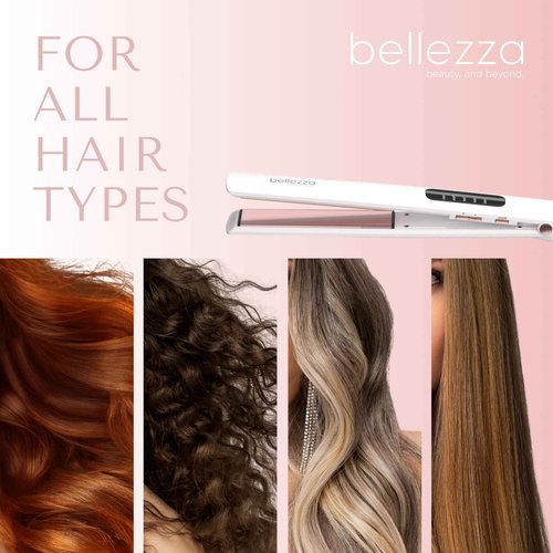 Bellezza SleekBeauty 1” Digital Flat Iron - Ultra-Slim Design - Precise LED Heat Settings to 450°F - Ceramic Plates - Hair Straightener (White Pink Rose)