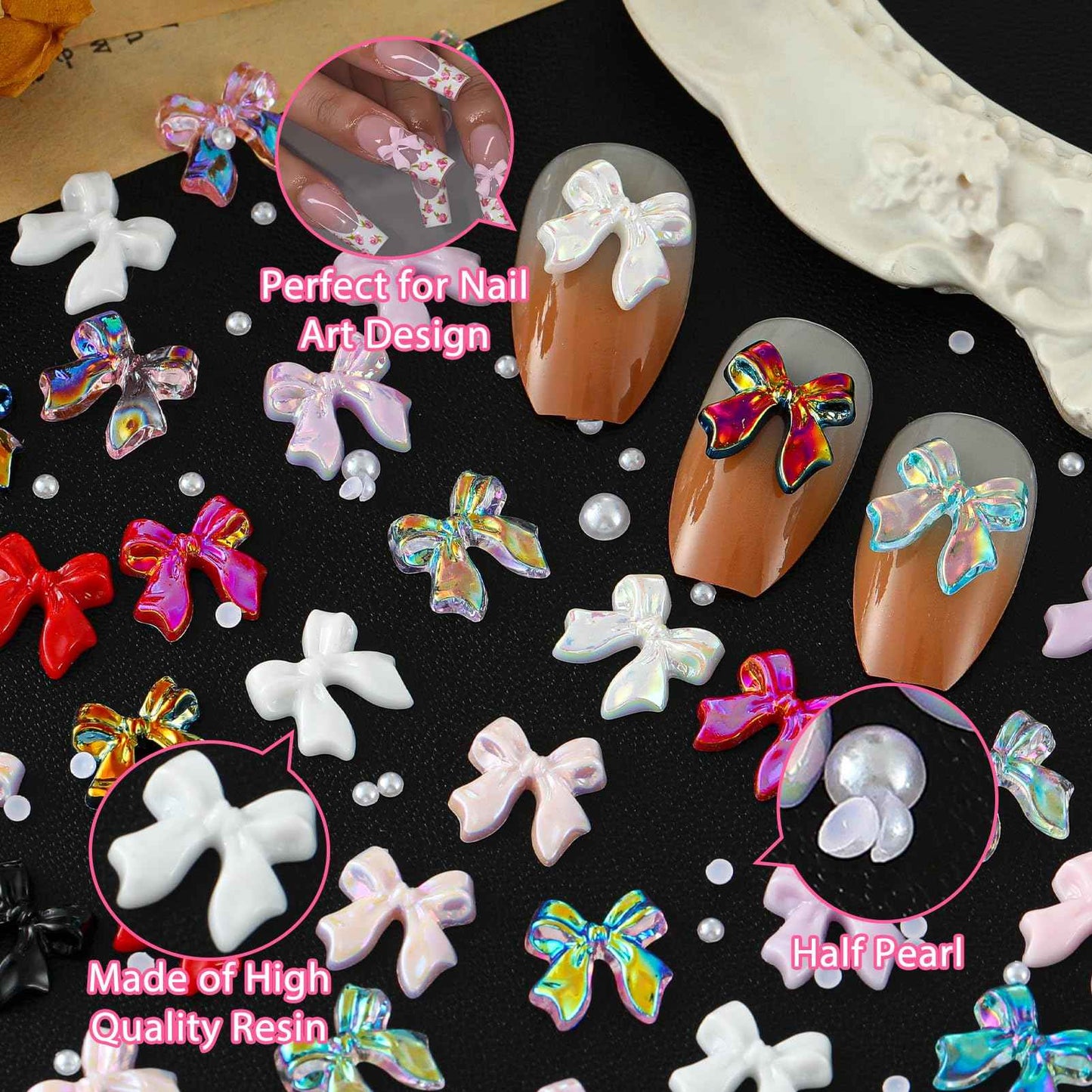 ZUMILLMN Bow Nail Charms, 6-Color 3D Nail Charms Bulk and Half Pearls for Nail Art Charms and Y2K Charms for Nails Design for Women Girl DIY Jewelry Cellphone Crafts