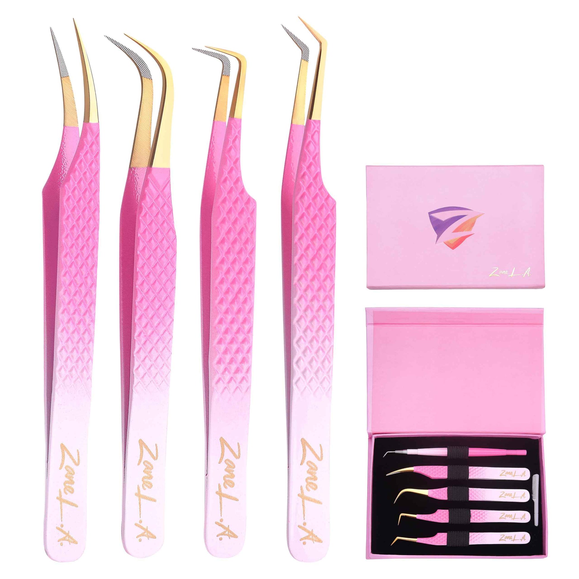 Zane L.A. Nano Fiber Tip Professional Eyelash Extension Tweezers, a pack of 4, Quality tweezers made with Japanese Stainless Steel, FREE Eyelash Separator. (Pink and White)