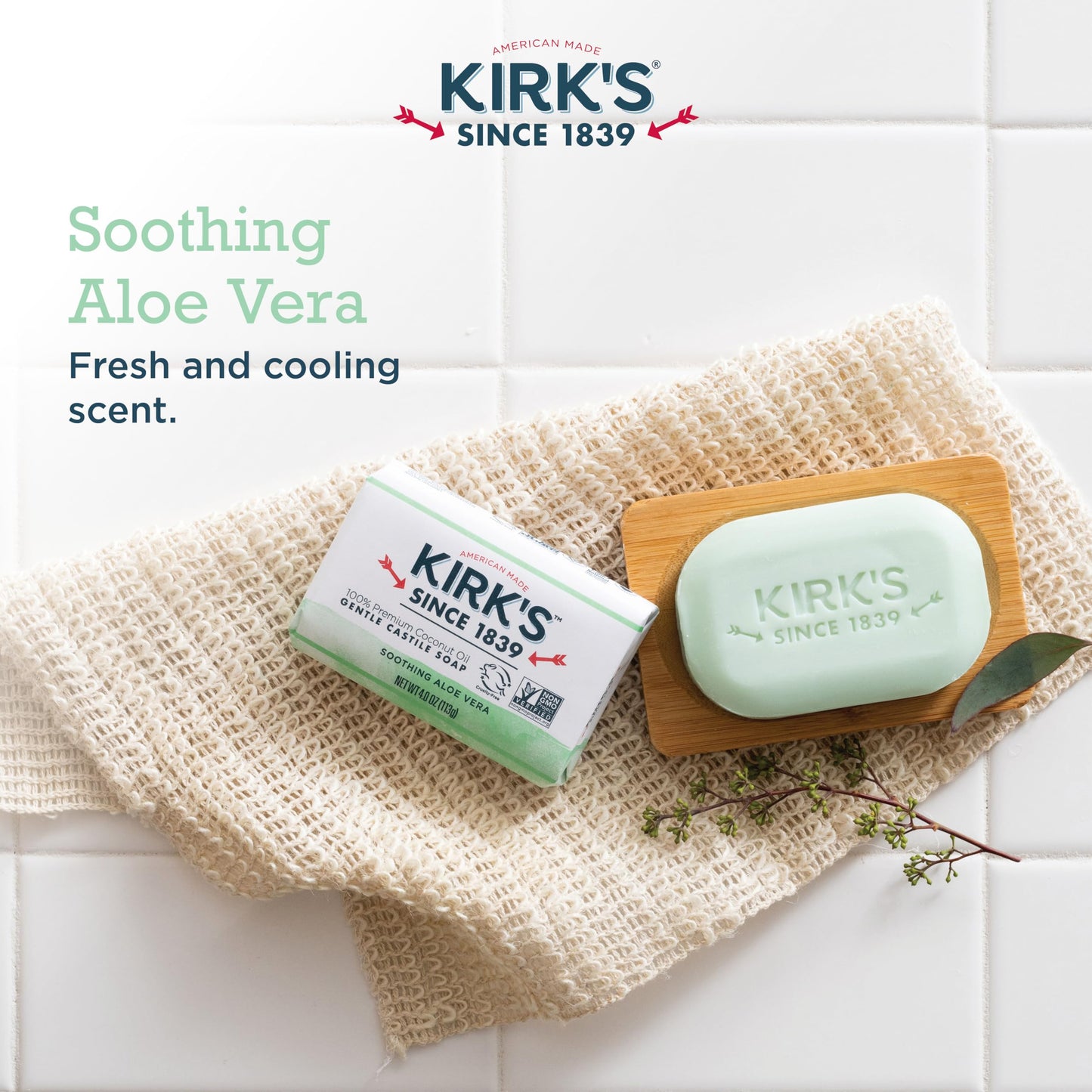 Kirk's Castile Bar Soap for Men, Women & Children - Made with Premium Coconut Oil, Sensitive Skin Formula, Vegan, Non GMO, Aloe Vera, 4 oz. Bars 6 Pack