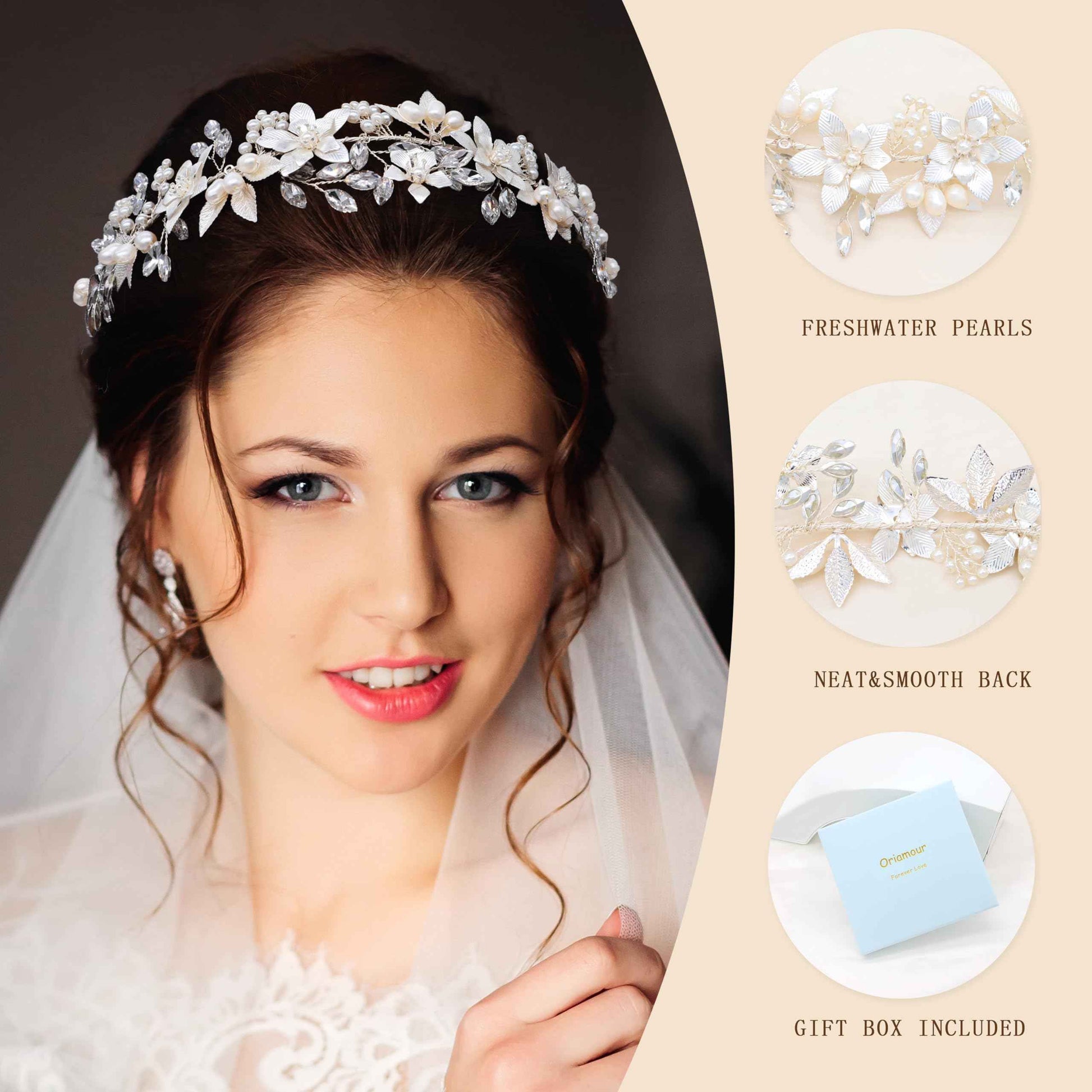 Oriamour Wedding Headband Bridal Headpiece Flower Design With Genuine Freshwater Pearls And Ribbons Hair Accessories For Bride (Silver)