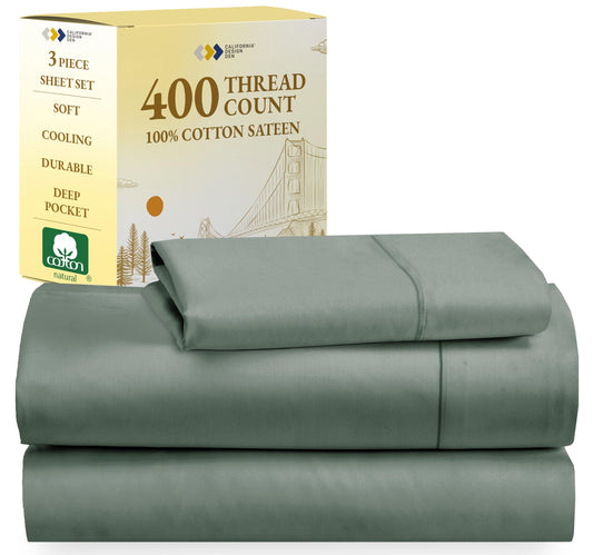 California Design Den Softest 100% Cotton Sheets, Twin Sheets Set, 400 Thread Count Sateen Bedding for Dorm Rooms & Adults, Deep Pocket Sheets, Cooling Sheets, Twin Bed Sheets(Sage Green)