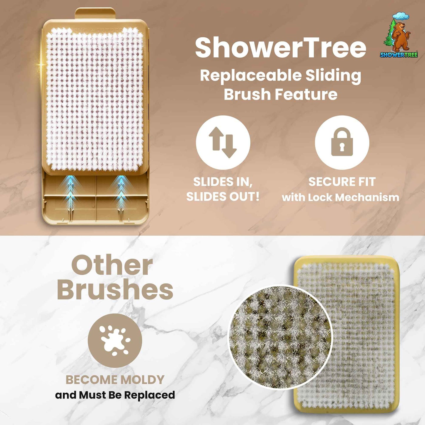 ShowerTree Wall-Mounted Back & Body Shower Scrubber | Replaceable Brush with Exfoliating Bristles for Back & Skin Care (Tan)