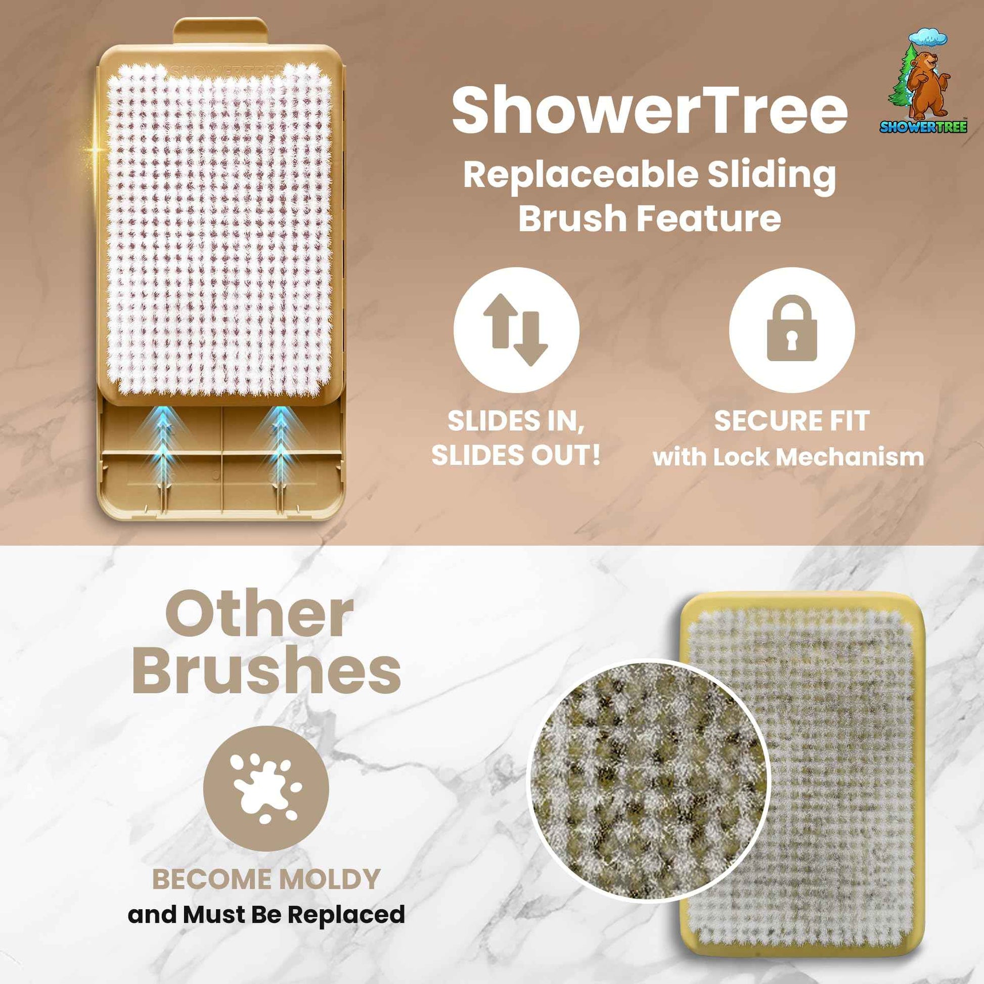 ShowerTree Wall-Mounted Back & Body Shower Scrubber | Replaceable Brush with Exfoliating Bristles for Back & Skin Care (Tan)