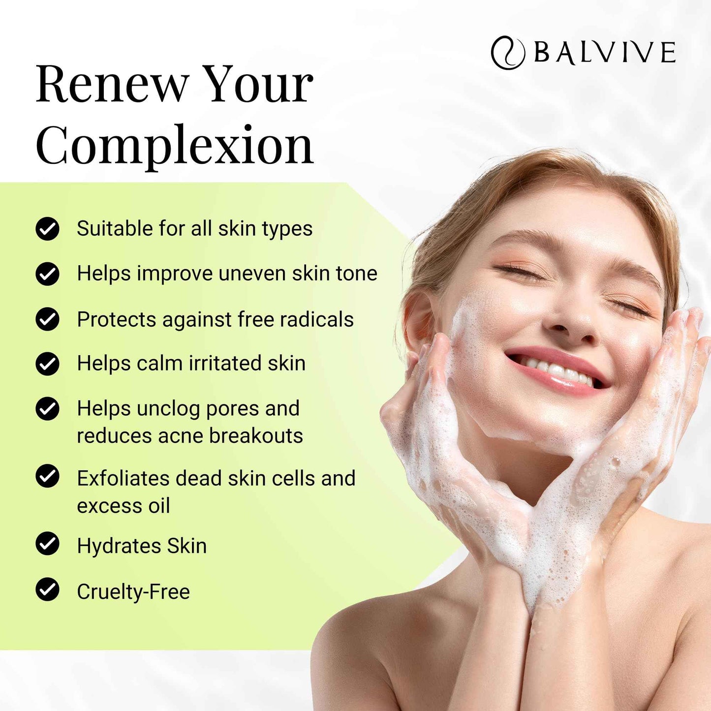 BALVIVE Foaming Facial Cleanser with Salicylic Acid, Glycolic Acid & Lactic Acid & Green Tea Extract– Face Wash for Acne, Oily & Sensitive Skin – Makeup Remover & Pore-Cleansing Skincare 6.7 fl oz