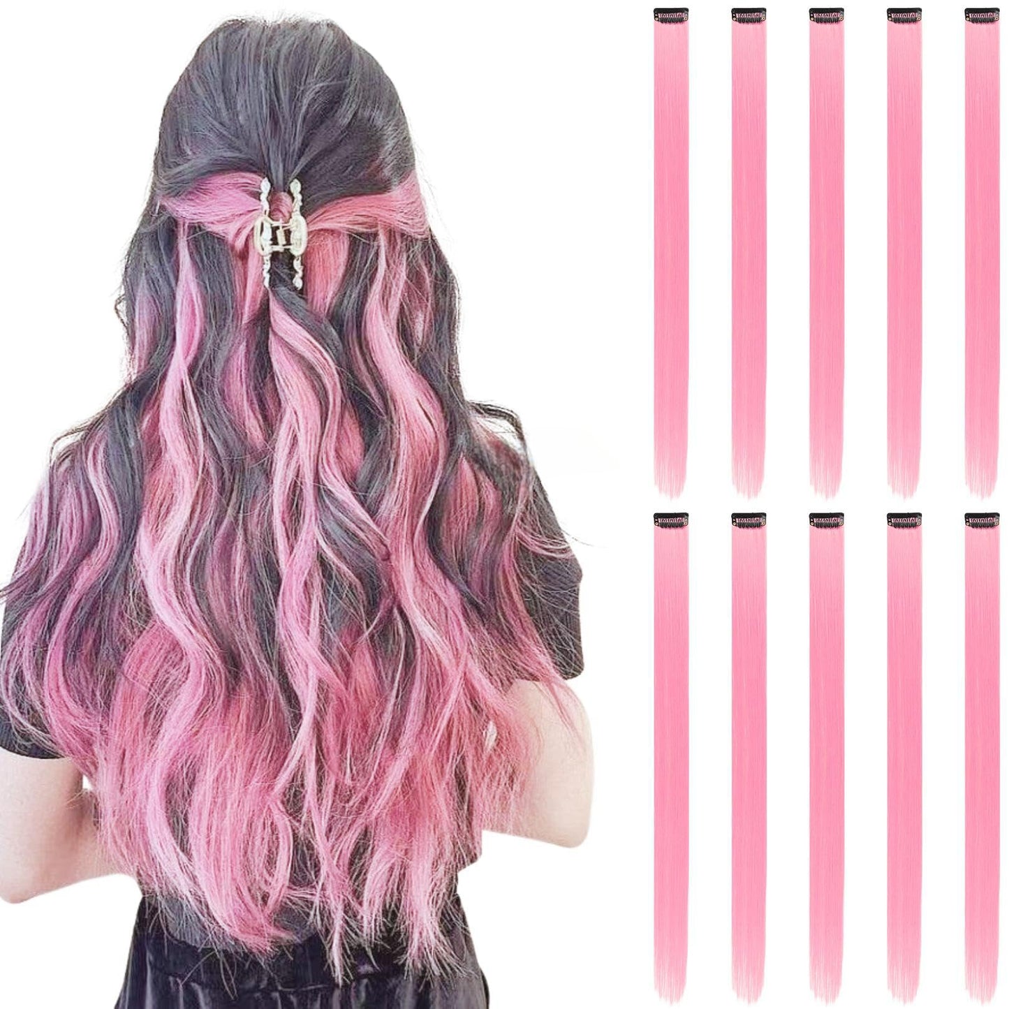 RINBOOOL Colored Hair Extensions Clip in, Light Pink 10 Pieces 22 Inch, for Kids Girls Women Play Highlights, Synthetic