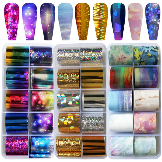 LoveOurHome 30 Sheet Holographic Nail Transfer Foils Marble Starry Sky Gold Silver Nails Art Foil Stickers Decals Manicure Fingernail Tattoo Decorations Accessories for Acrylic Tips Crafts