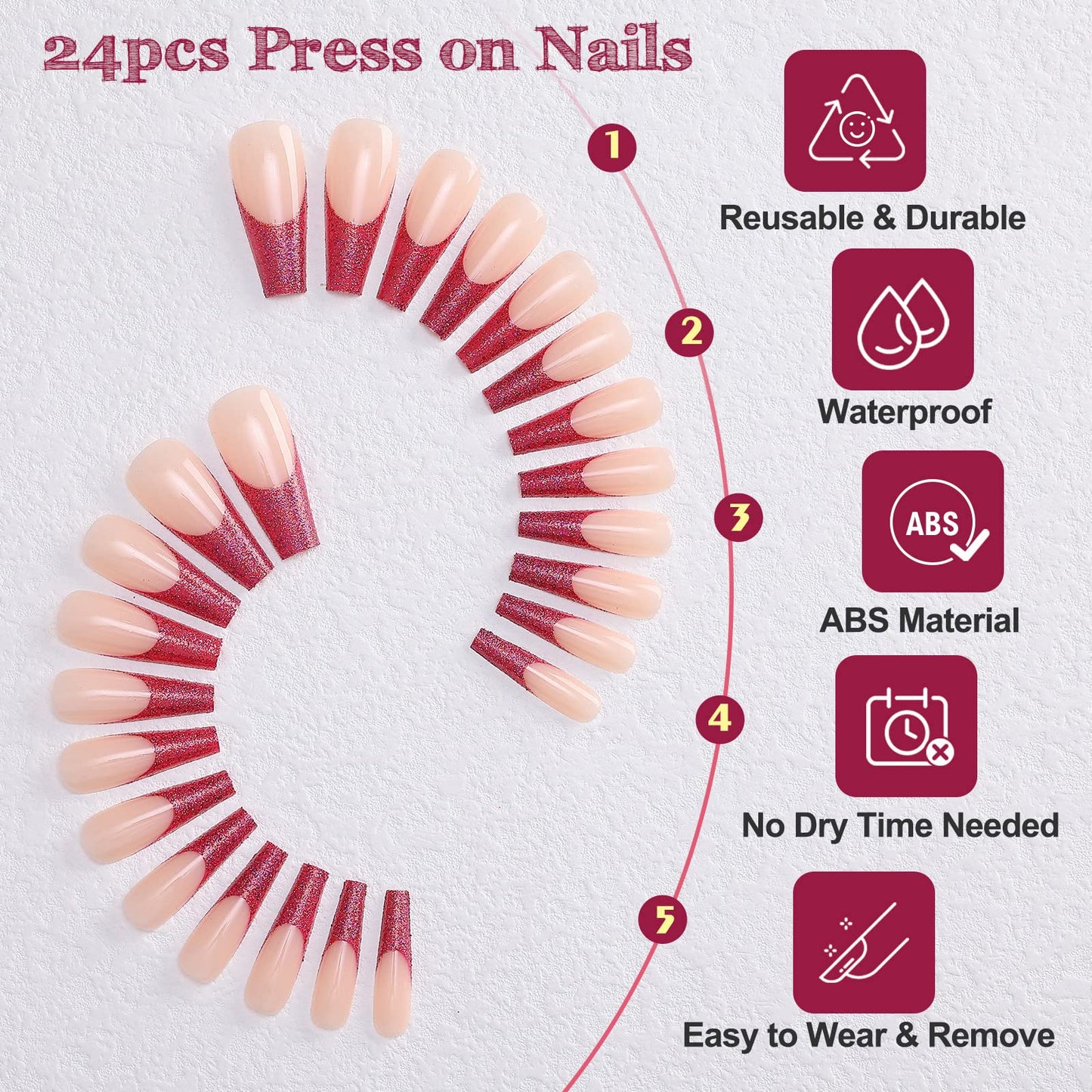 Kikmoya Extra Long False Nails Coffin French Tip Press on Nails Pink Fake Nails with Red Glitter Manicure Kit 24pcs Glossy Acrylic Full Cover Stick on Nails for Women (Red Glitter)