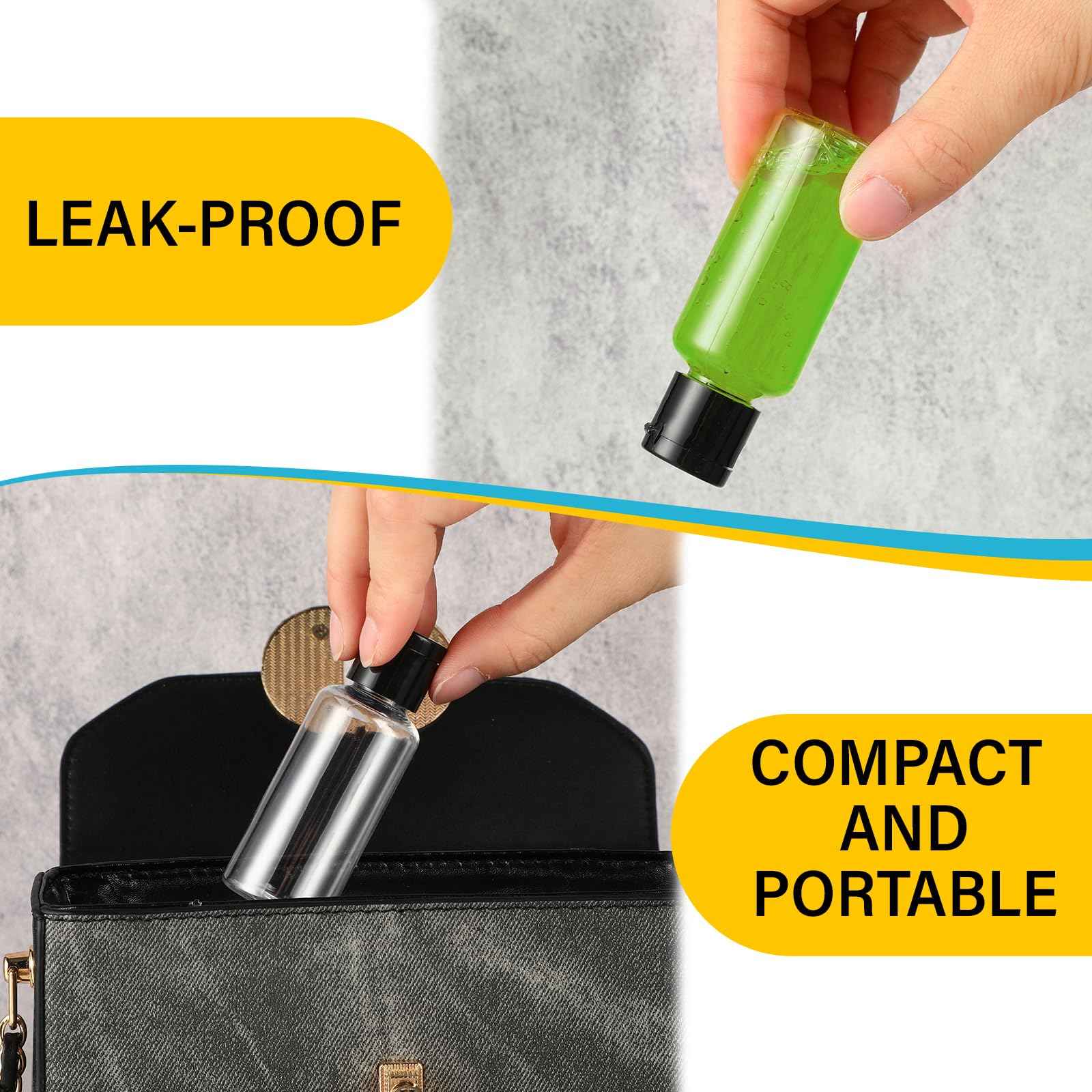 Mimorou 150 Pcs 1oz Travel Bottles Bulk for Toiletries Clear Small Travel Size Bottles Bulk Refillable Empty Containers for Shampoo Lotion Liquid Body Soap Cream Toiletries(Black Cap)