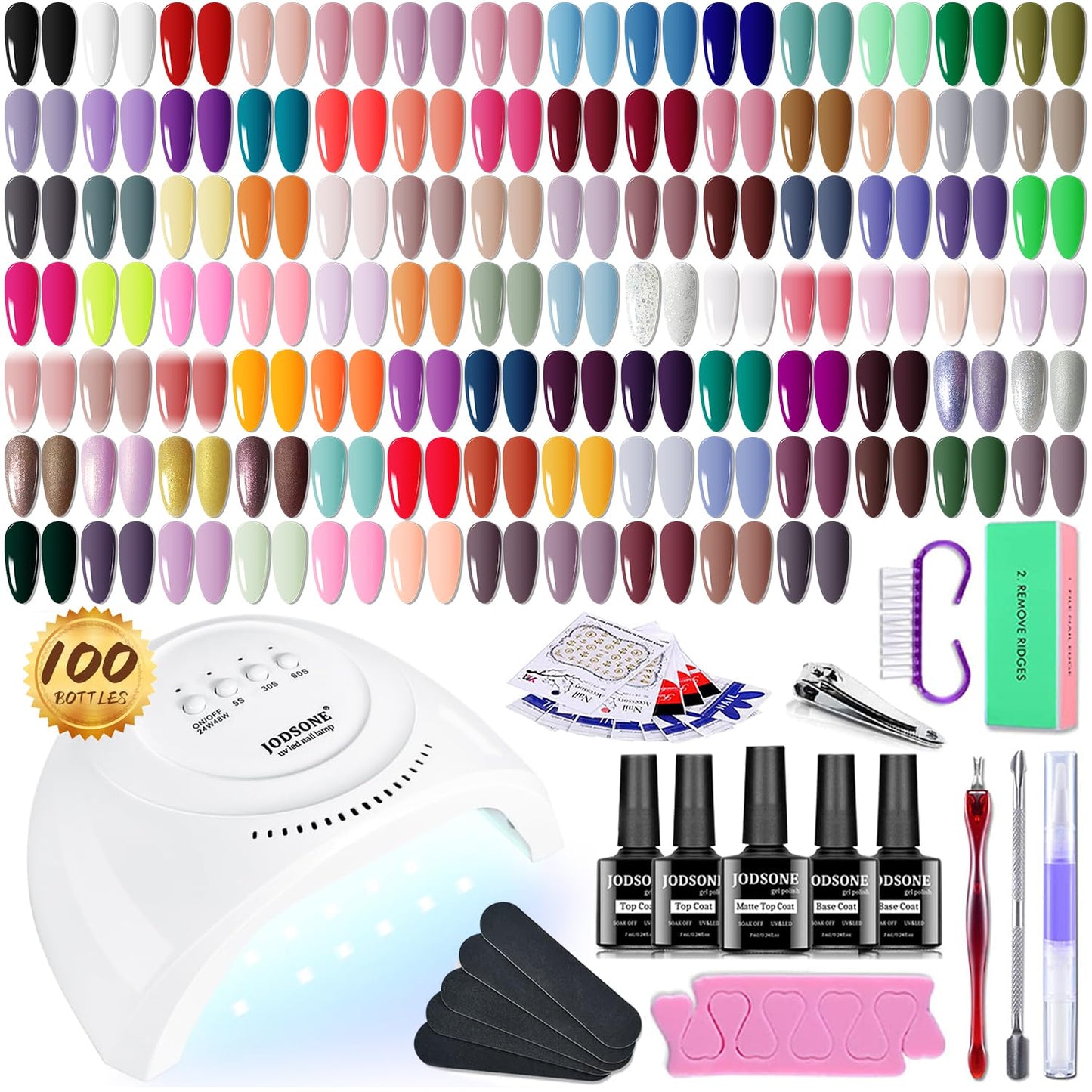 JODSONE 100 Bottles of Gel Nail Polish Kit with U V Led Light 95 Multiple Glossy Glitter Colors Mint Green Light Pink Nail Gel Base Coat Glossy and Matte Top Coat Gel Polish Kit