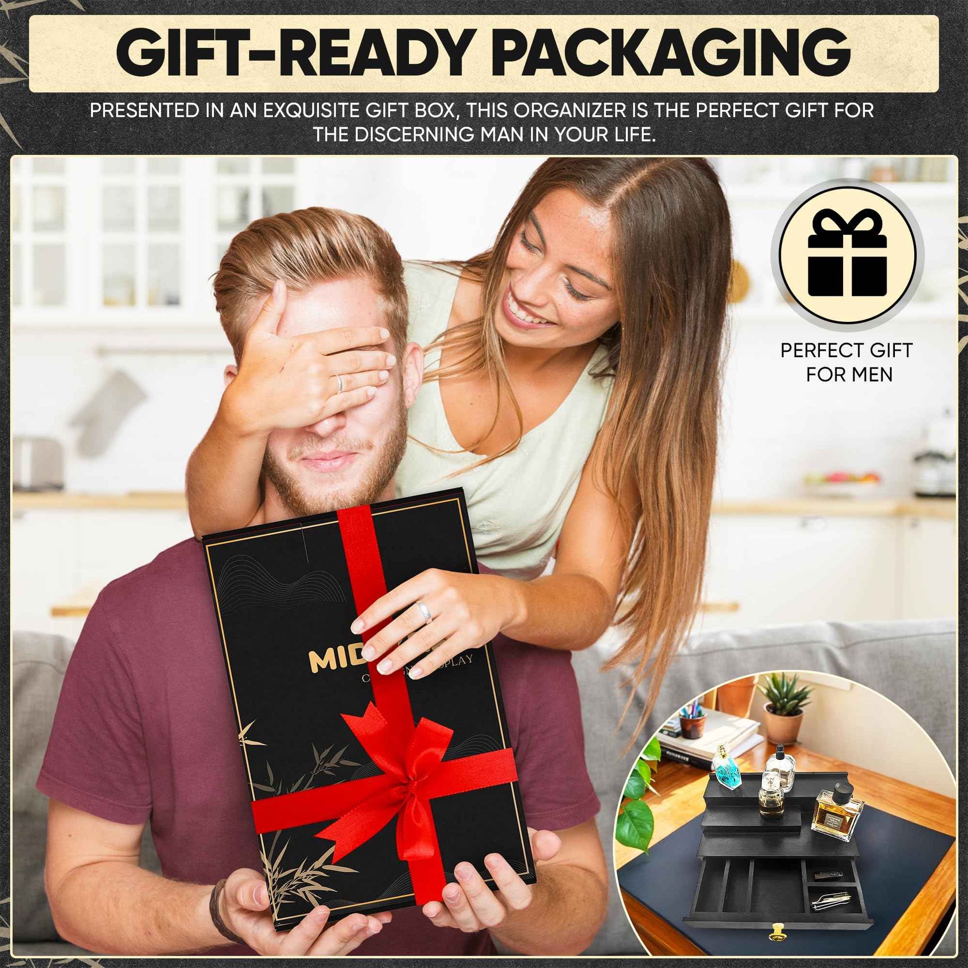 Wooden Cologne Organizer for Men – 3-Tier Cologne Shelf for Perfume Display with Hidden Compartment, Perfume Tray & Rack for Dresser, Stylish Stand for Bathroom, Great Gift for Men