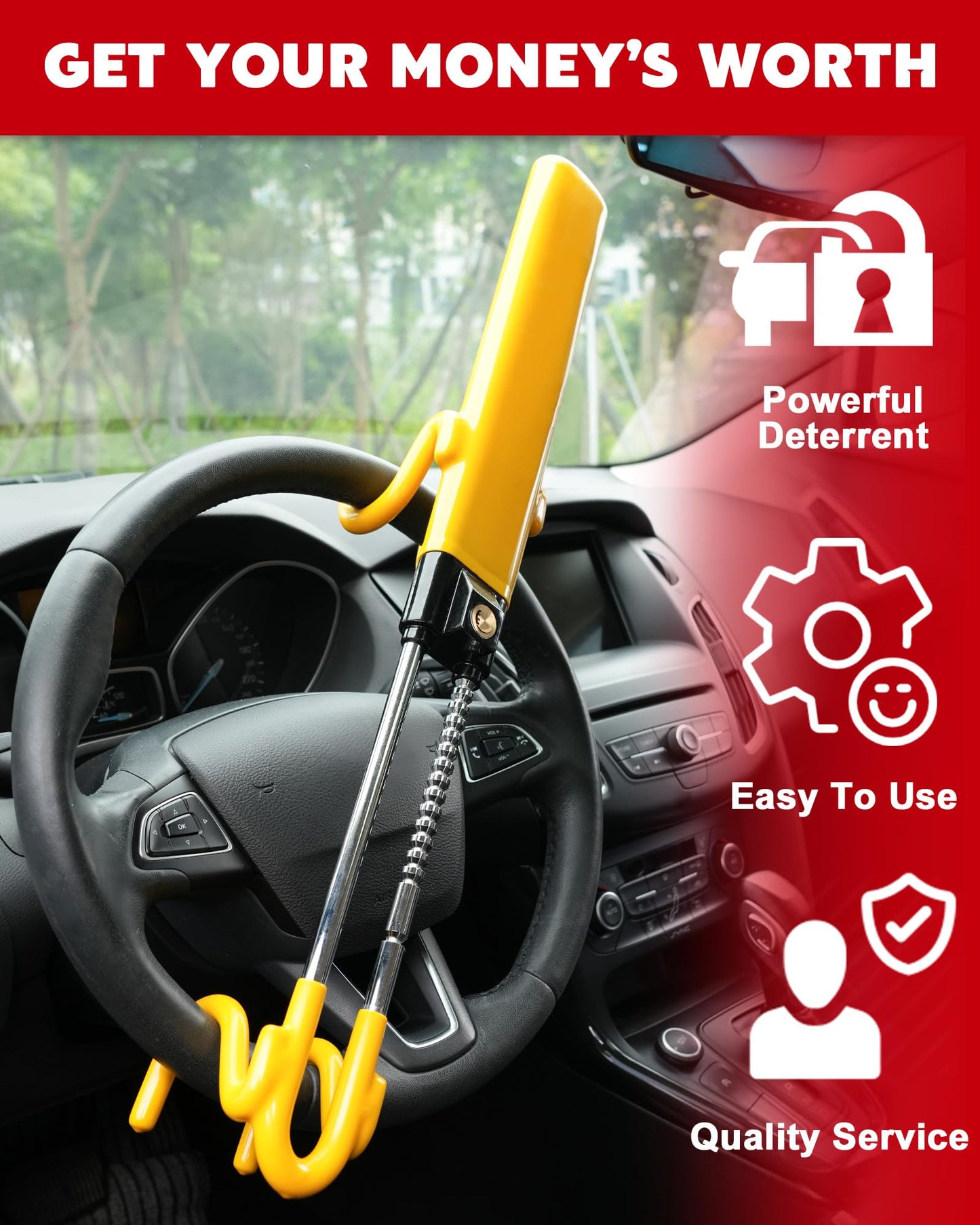 Tevlaphee Steering Wheel Lock - Heavy Duty Antitheft Device and Car Security Lock with Adjustable Locking and 3 Keys - Great Vehicle and Truck Deterrent (Yellow)