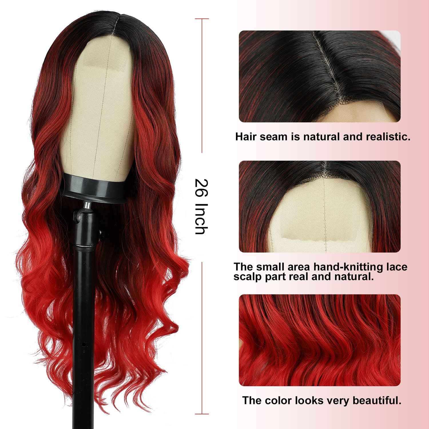 LUNDEREN Red Wavy Wig 26 Inch Long Red Ombre Wigs for Women Ombre Red Middle Part Wig Synthetic Heat Resistant for Daily Party Use (Ombre Red 26 Inch)